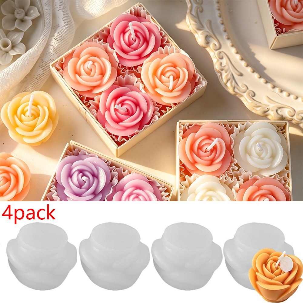 Candle Making Date - 4-teiliges Set Rosenkerzen-Silikonform 3D-Blütenblatt-Blumen-Harz-Seifenherstellungswerkzeug DIY Hochzeit